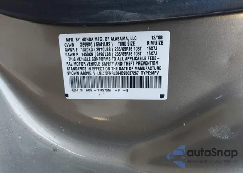 2009 Honda Odyssey Ex from USA, damaged, VIN 5FNRL38469B037267